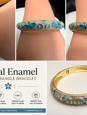 Gold-Tone Blue Floral Enamel Bangle Bracelet